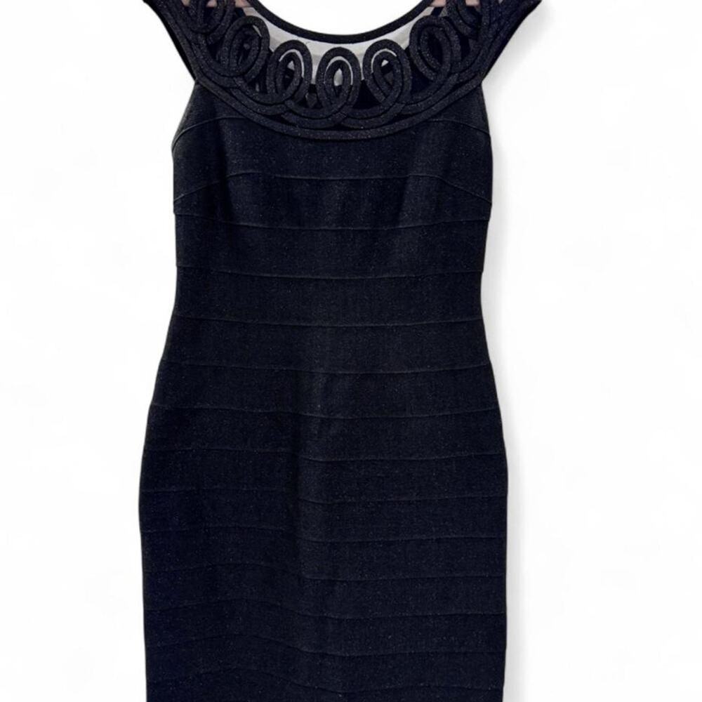 Carmen Marc Valvo Collection Black Sparkle Bandage Dress Scroll Neck Size M